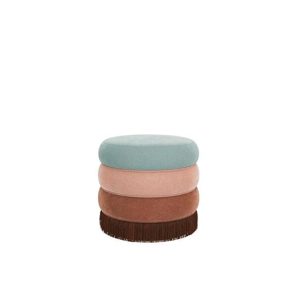 A small Audrey stool by Ottiu featuring a three-tier upholstered velvet body in mint green, dusty rose, and terracotta, finished with a long chocolate brown fringe base.