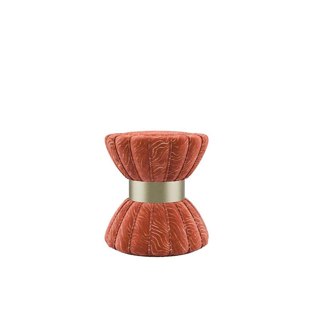 Colette stool upholstered in orange printed velvet by Casamance with a brushed brass ring.