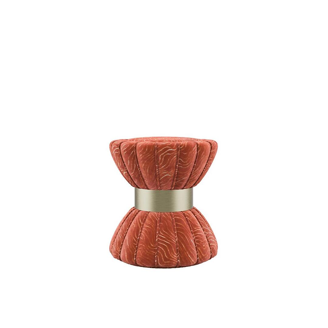 Colette stool upholstered in orange printed velvet by Casamance with a brushed brass ring.