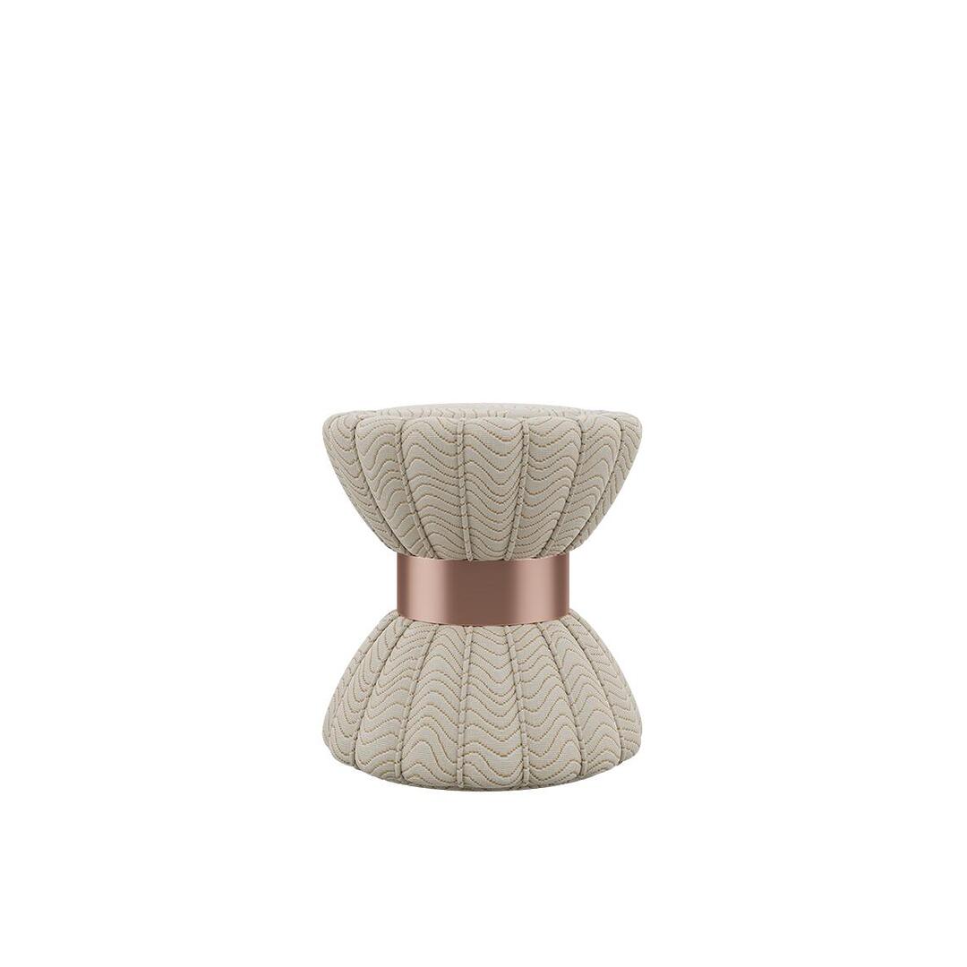 Colette stool upholstered in white printed velvet by Kirkby with a brushed copper ring.
