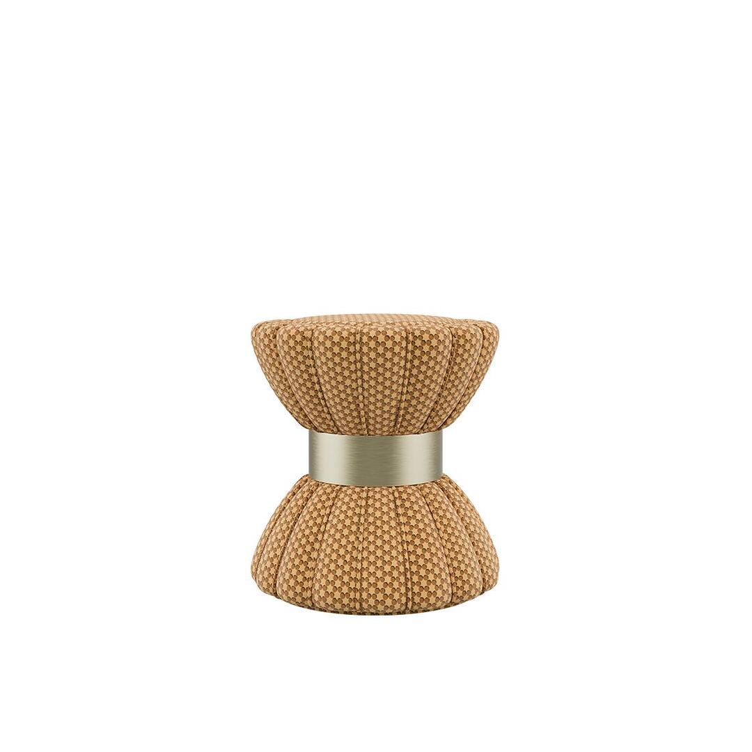 Colette stool upholstered in yellow printed velvet by Kirkby with a brushed brass ring.