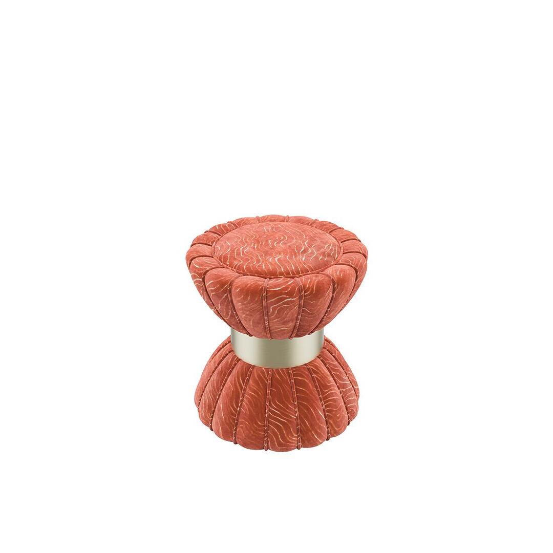 Colette stool top view upholstered in orange printed velvet by Casamance with a brushed brass ring.