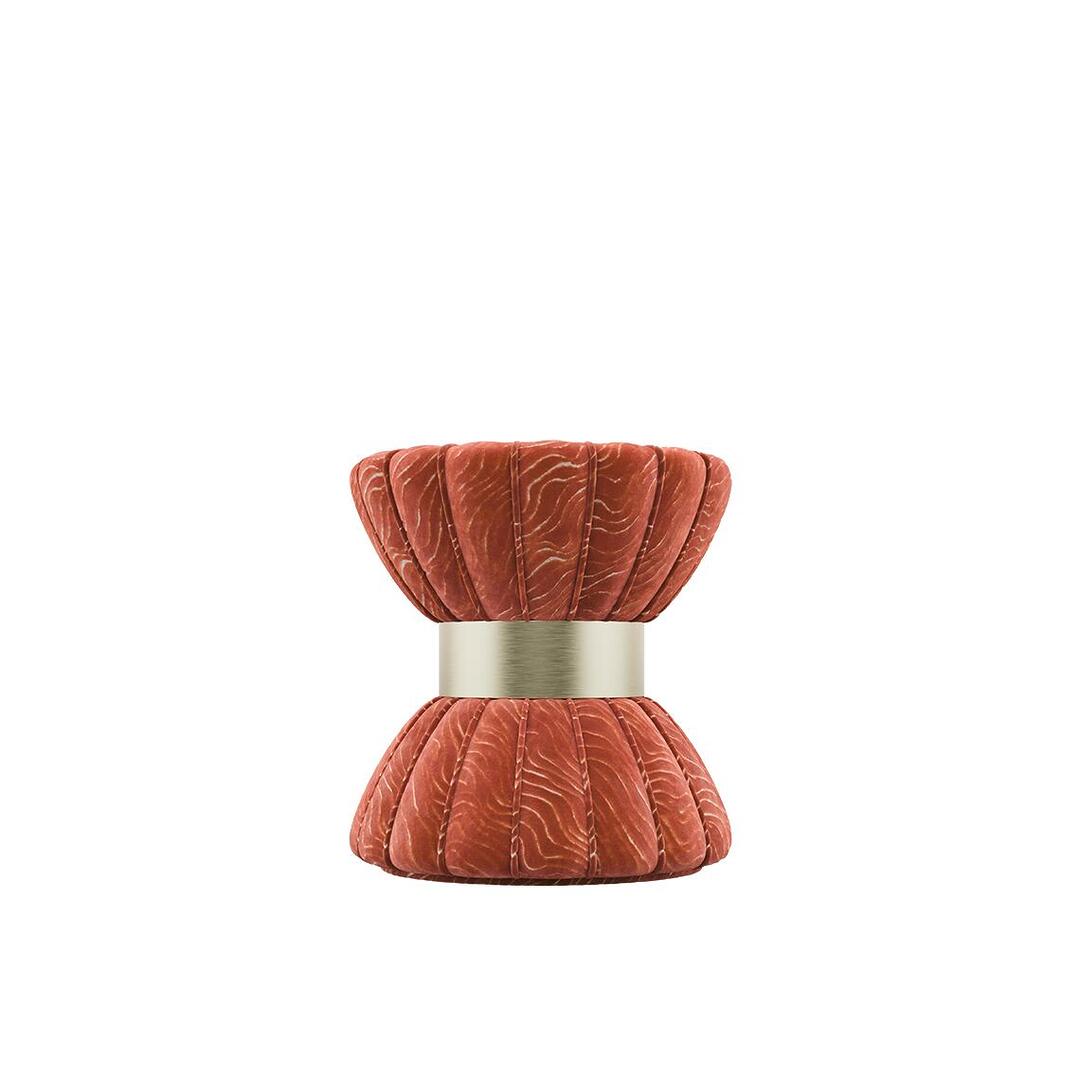 Colette stool front view upholstered in orange printed velvet by Casamance with a brushed brass ring.