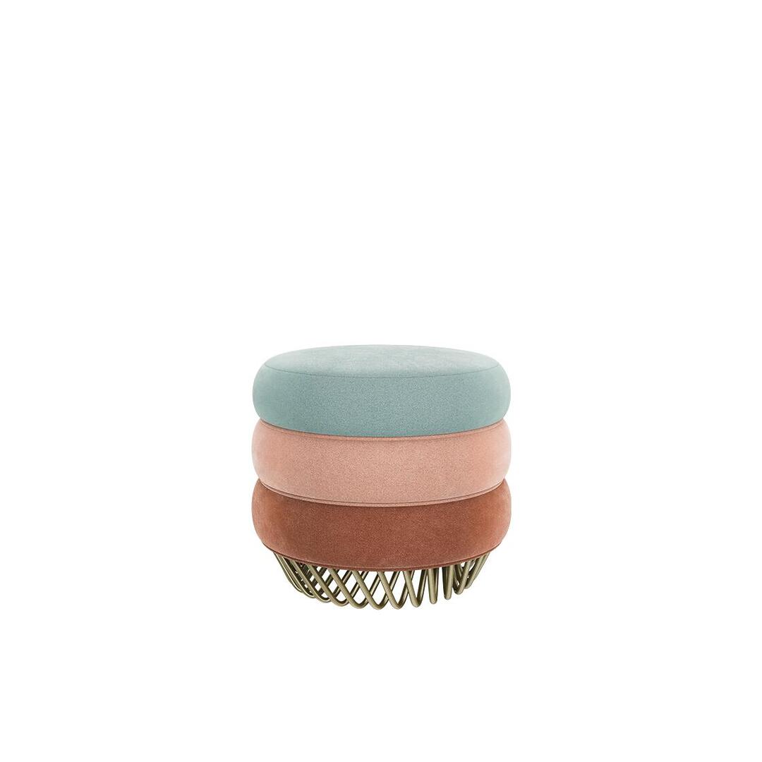 Audrey stool by Ottiu with a stacked circular velvet design in mint, light pink, and rust, supported by an intricate, polished gold-finished brass wire base.