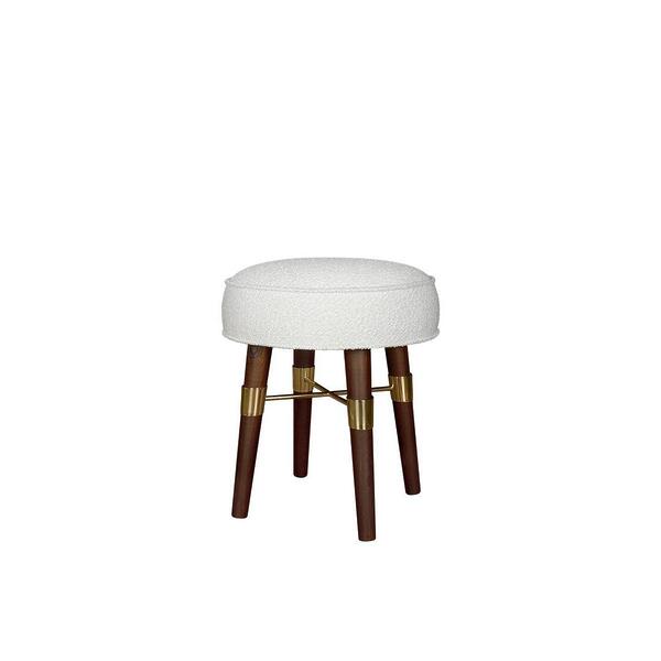 Louis Stool upholstered in white bouclé fabric, featuring smoked walnut wood legs with polished brass details, shown at a 45-degree angle.