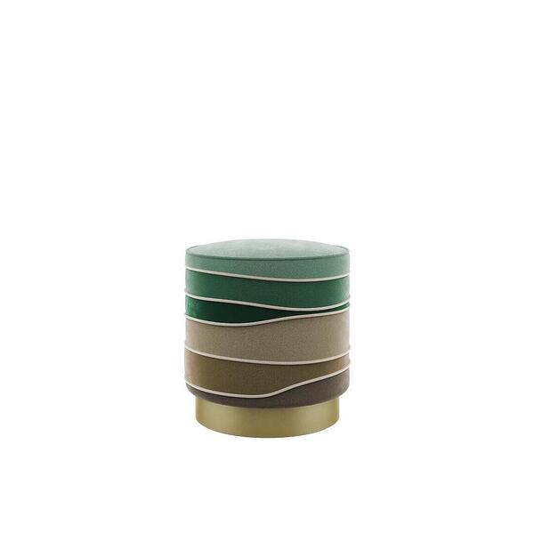 A front-facing studio view of the Charisse stool by Ottiu in an earth-tone colorway. This version features velvet layers in shades of sage green, forest green, taupe, and deep brown. The segments are separated by decorative velvet piping and finished with a thick, gold-toned brushed brass base.