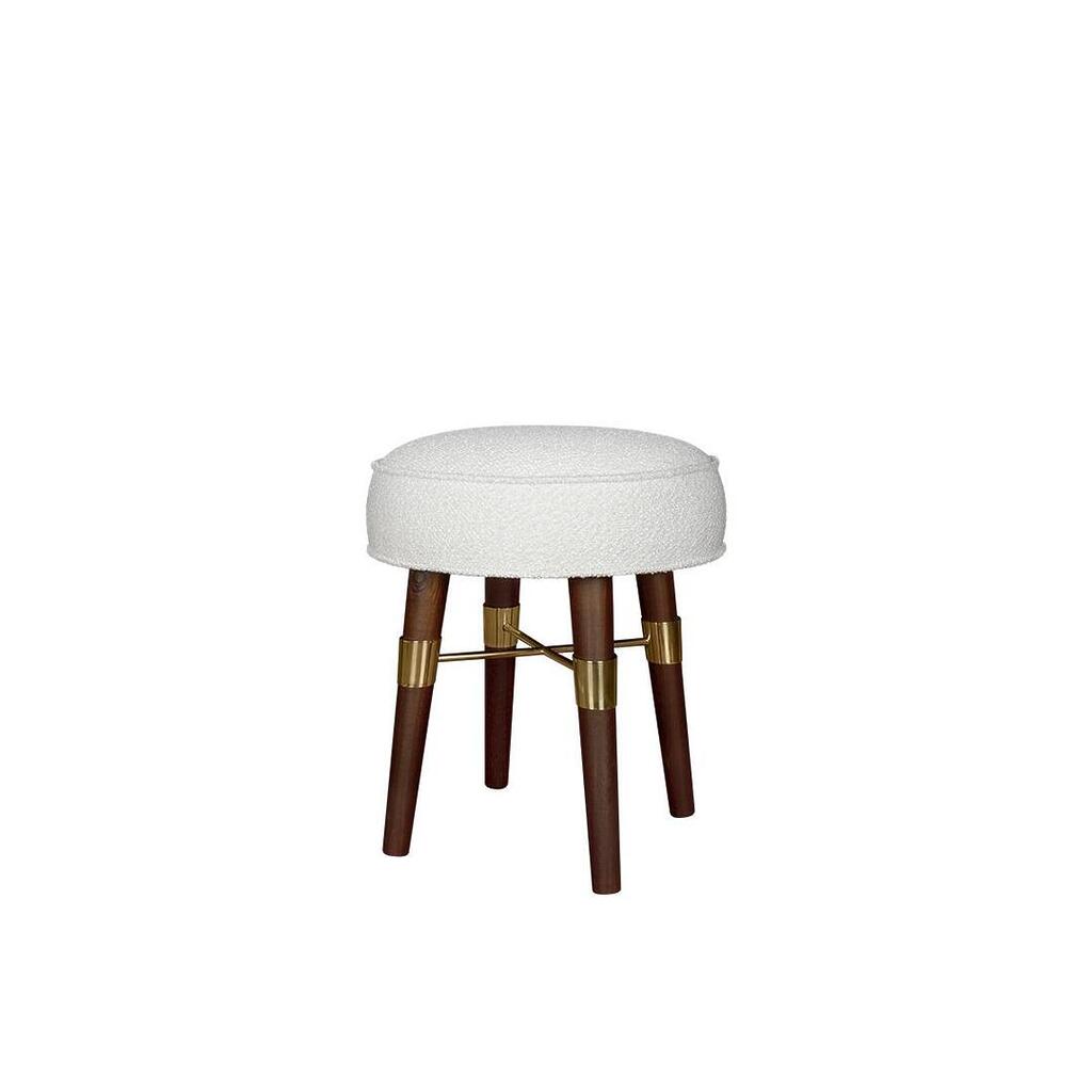 Louis Stool upholstered in white bouclé fabric, featuring smoked walnut wood legs with polished brass details, shown at a 45-degree angle.