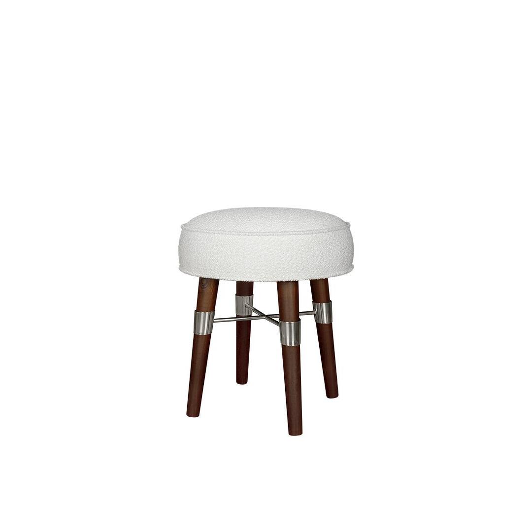 Louis Stool upholstered in white bouclé fabric, featuring smoked walnut wood legs with polished silver details, shown at a 45-degree angle.