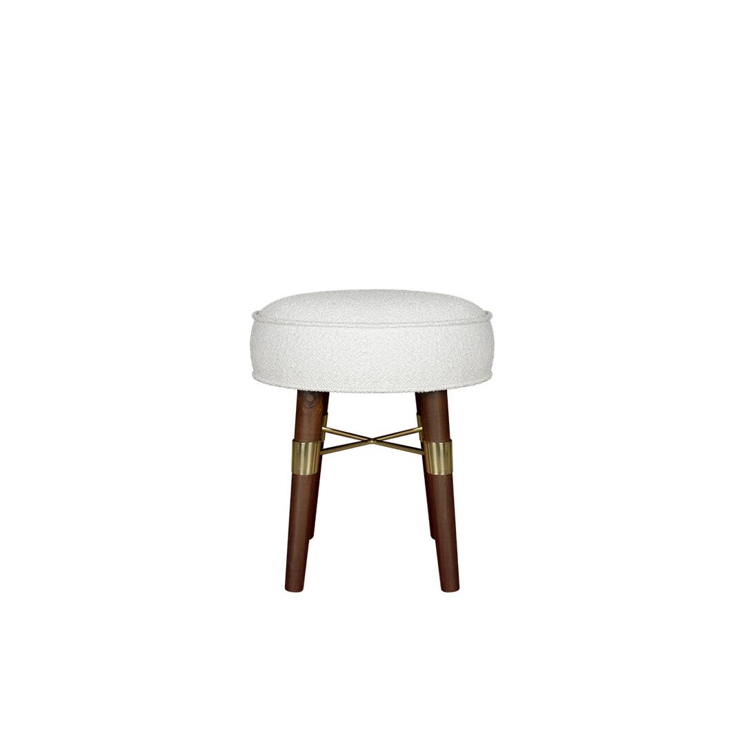 Front view of the Louis Stool upholstered in white bouclé fabric, featuring smoked walnut wood legs with polished brass details.