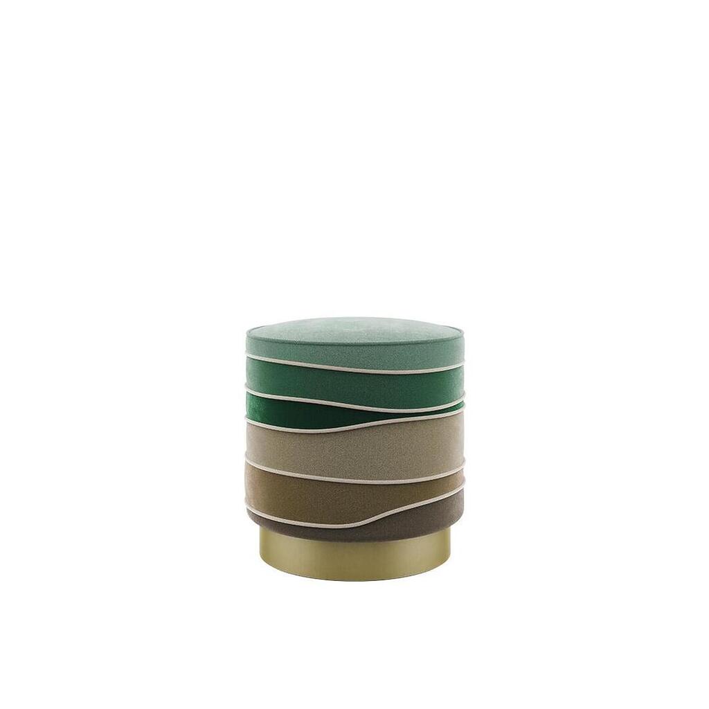 A front-facing studio view of the Charisse stool by Ottiu in an earth-tone colorway. This version features velvet layers in shades of sage green, forest green, taupe, and deep brown. The segments are separated by decorative velvet piping and finished with a thick, gold-toned brushed brass base.