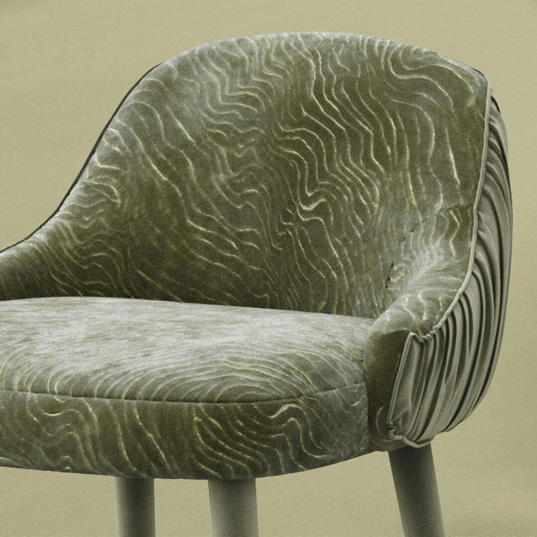 Ottiu Beyond Upholstery Close up of the Gardner bar chair upholstered in Piti fabric by Casamance, showcasing a wavy green pattern reminiscent of sand dunes, flowing water, or wood grains, and finished with elegant lacquered legs.