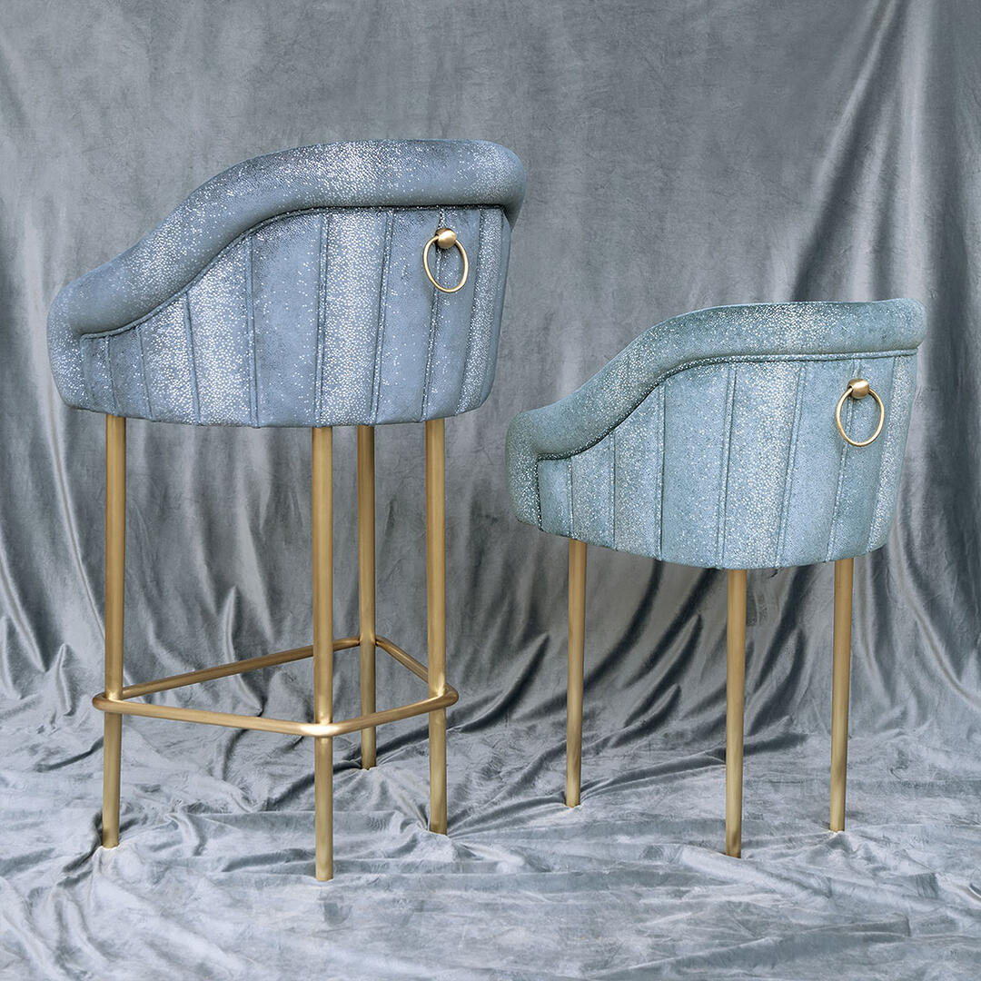 Katharina Bar Chair and counter stool in blue and gold