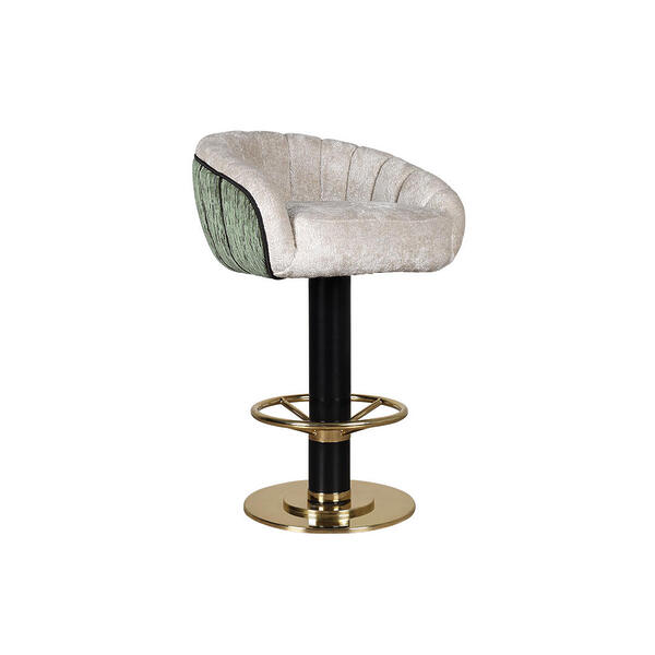 Vivien Swivel bar chair upholstered in Privé Melange fur velvet fabric by Aldeco in champagne, paired with Lullabird fabric by Casamance in green. Features a lacquered leg and brushed brass accents.