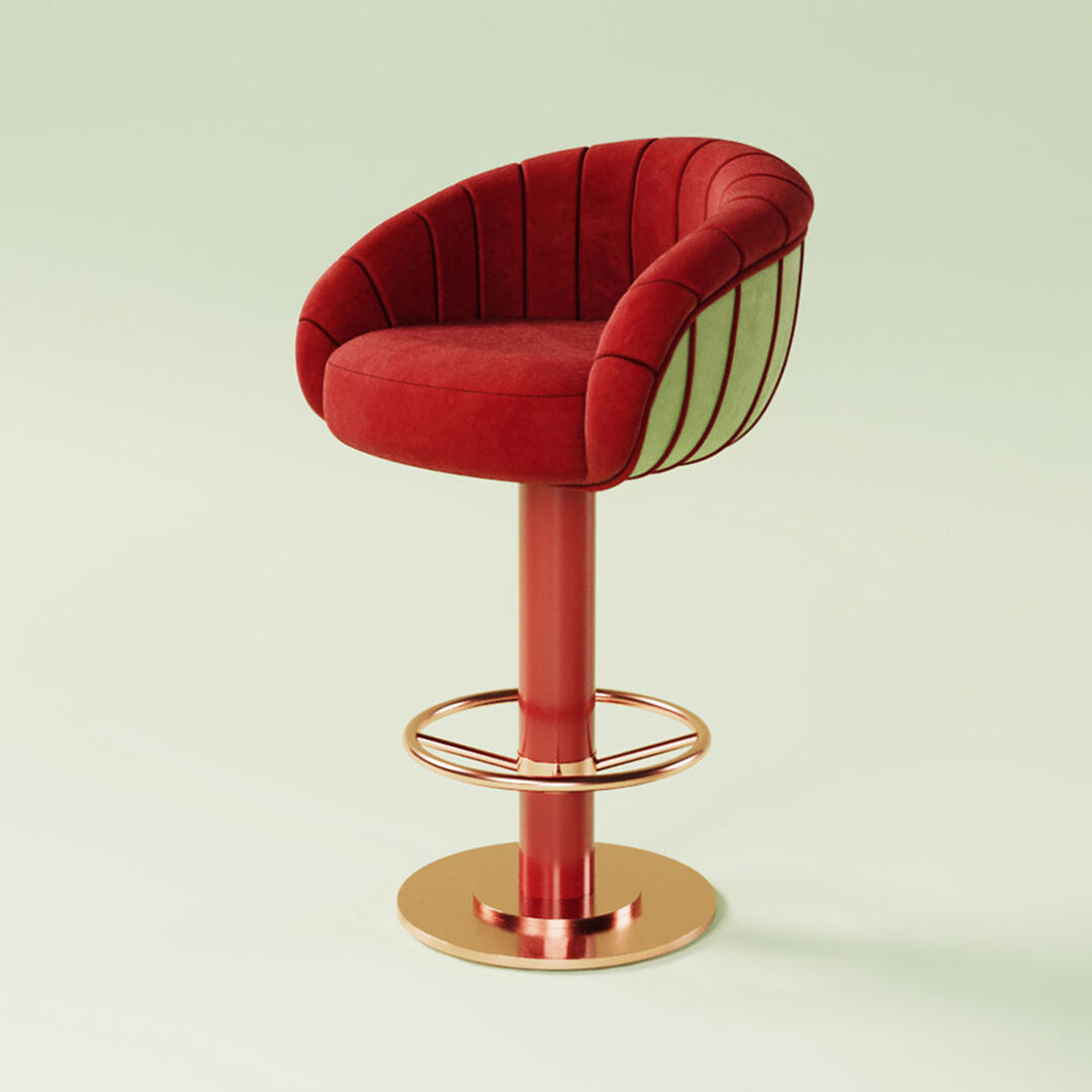 Vivien Swivel bar chair upholstered in red velvet with green velvet on the back. It features a red lacquered leg and polished brass accents. Positioned at a 45º angle against a soft green background.