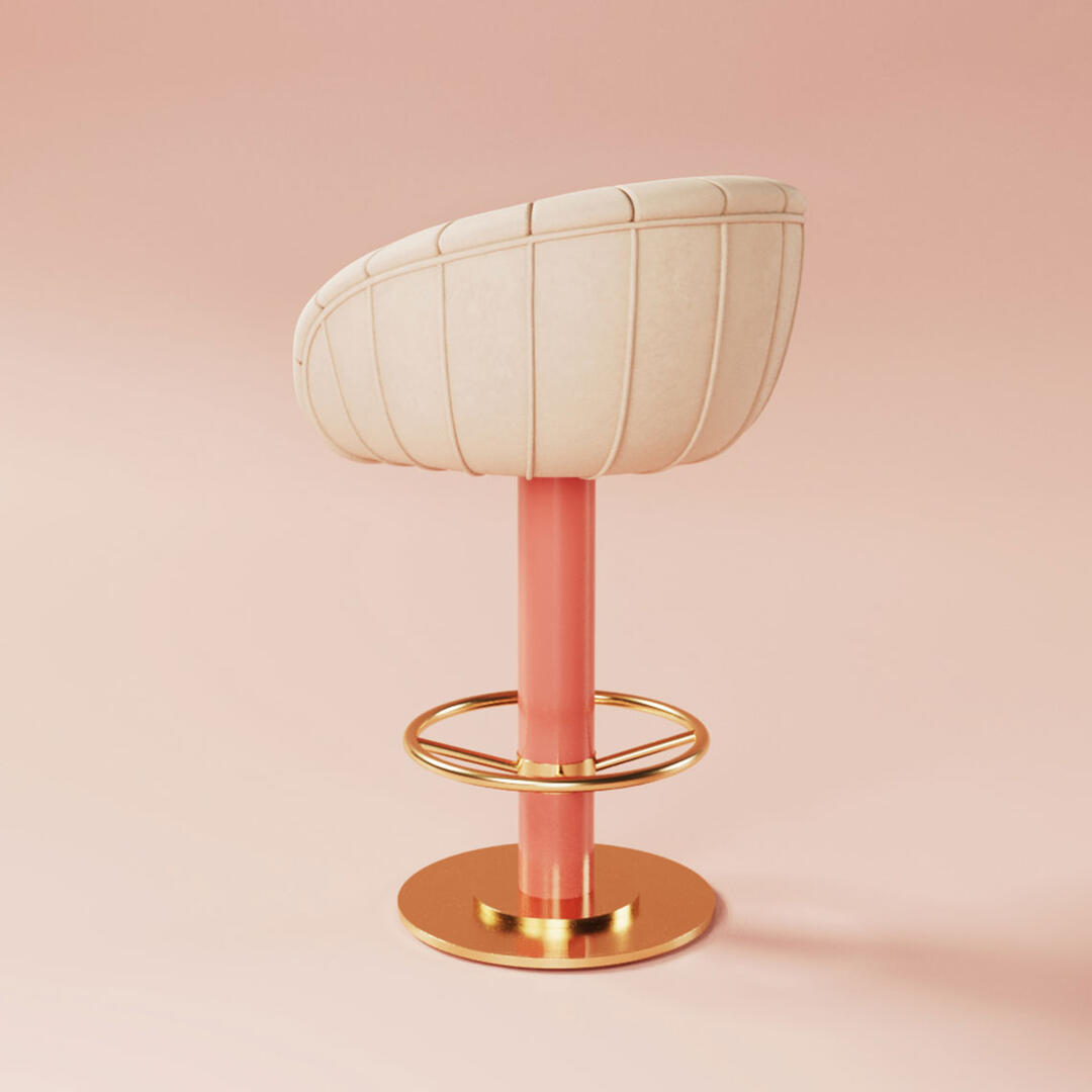 Vivien Swivel bar chair upholstered in cream velvet, featuring a pink lacquered leg and polished brass accents. Positioned at a 45º angle with its back turned against a soft pink background.