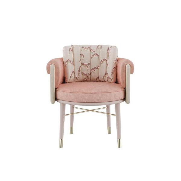 Helen dining chair dressed in plain wool fabric by Dedar with a patterned weave, supported by white lacquered wood legs and embellished with polished brass accents.