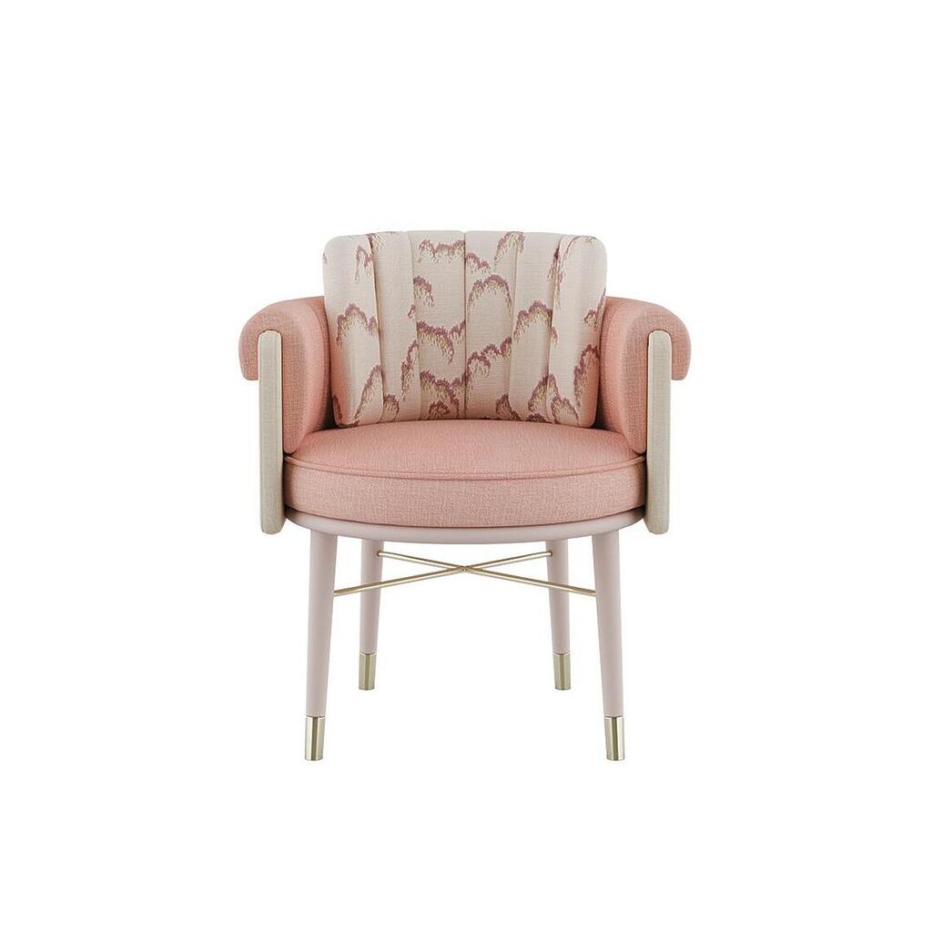 Helen dining chair dressed in plain wool fabric by Dedar with a patterned weave, supported by white lacquered wood legs and embellished with polished brass accents.