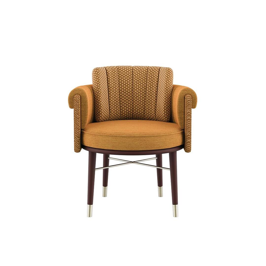 Helen dining chair dressed in plain wool fabric by Kirkby with a patterned weave, supported by brown lacquered wood legs and embellished with polished brass accents.