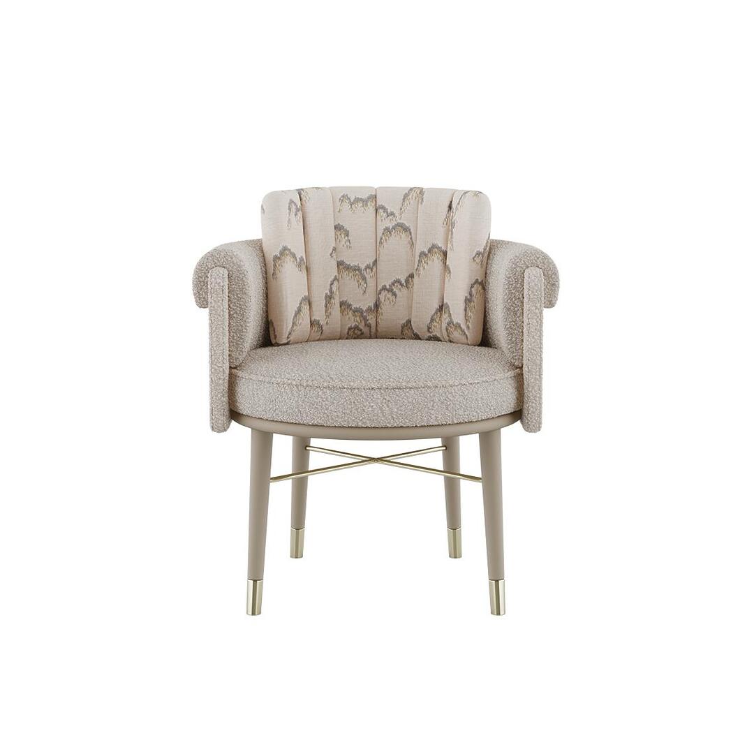 Helen dining chair dressed in plain wool fabric by Dedar with a patterned weave, supported by gray lacquered wood legs and embellished with polished brass accents.