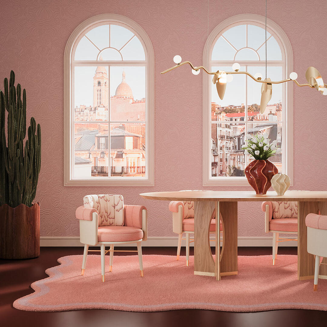 Ottiu Beyond Upholstery Helen dining chair dressed in plain wool fabric by Dedar with a patterned weave and lacquered legs embracing la vie en rose, in a pink dining room next to the Taylor dining table in oak and the Almond suspension lamp.