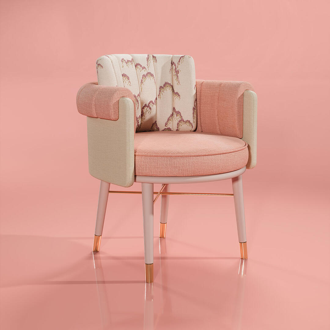Helen dining chair dressed in plain wool fabric by Dedar with a patterned weave, supported by white lacquered wood legs and embellished with polished brass accents, set against a pink background.