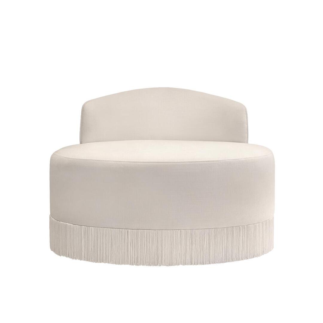 White Doris Armchair in chenille with tricotine fringes, shown from the front on a white background.