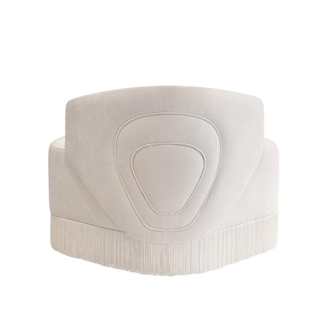 White Doris Armchair in chenille with tricotine fringes, shown from the back on a white background.