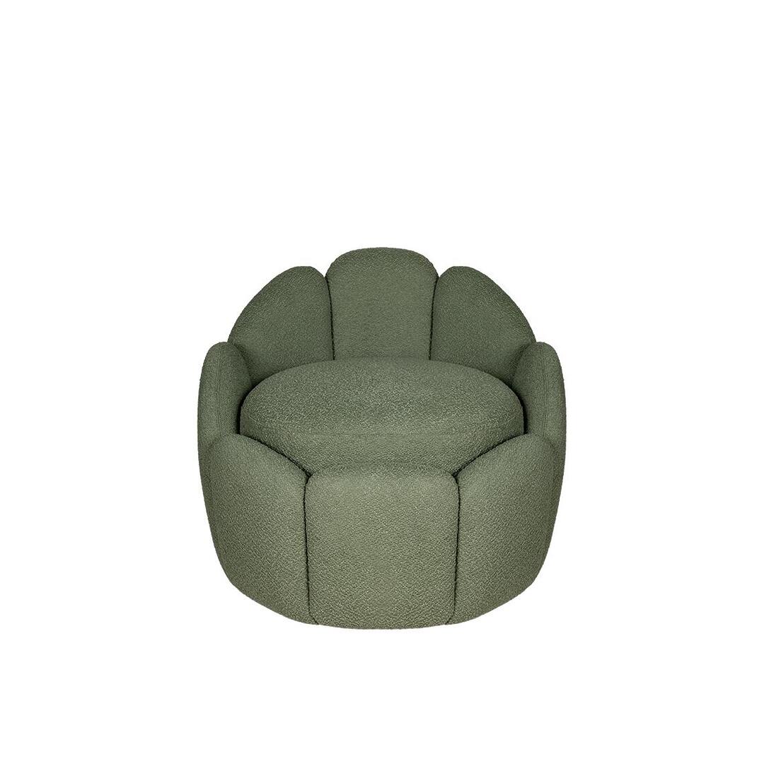 Front view of the Julie Stool upholstered in Kirkby Design Shore Recycled Bouclé fabric, color Pesto K5315/16.