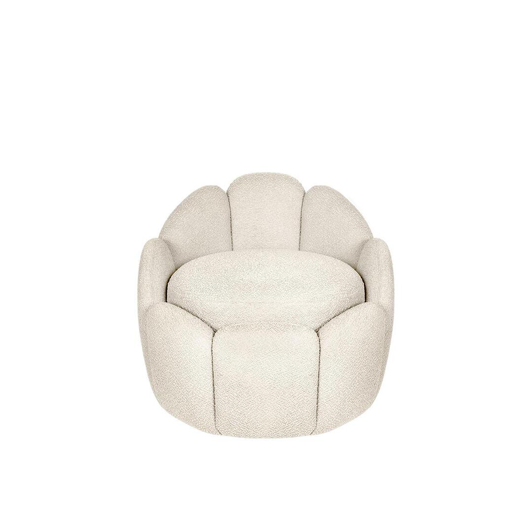 Front view of the Julie Stool upholstered in Kirkby Design Shore Recycled Bouclé fabric, color Chalk K5315/04.