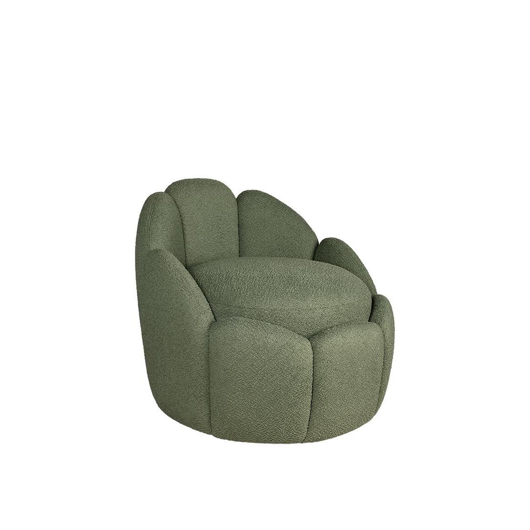 45º front view of the Julie Stool upholstered in Kirkby Design Shore Recycled Bouclé fabric, color Pesto K5315/16.