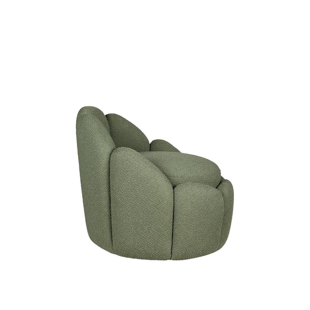 Profie view of the Julie Stool upholstered in Kirkby Design Shore Recycled Bouclé fabric, color Pesto K5315/16.