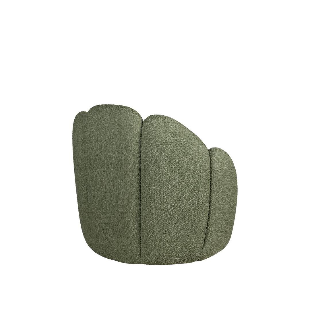 45º back view of the Julie Stool upholstered in Kirkby Design Shore Recycled Bouclé fabric, color Pesto K5315/16.