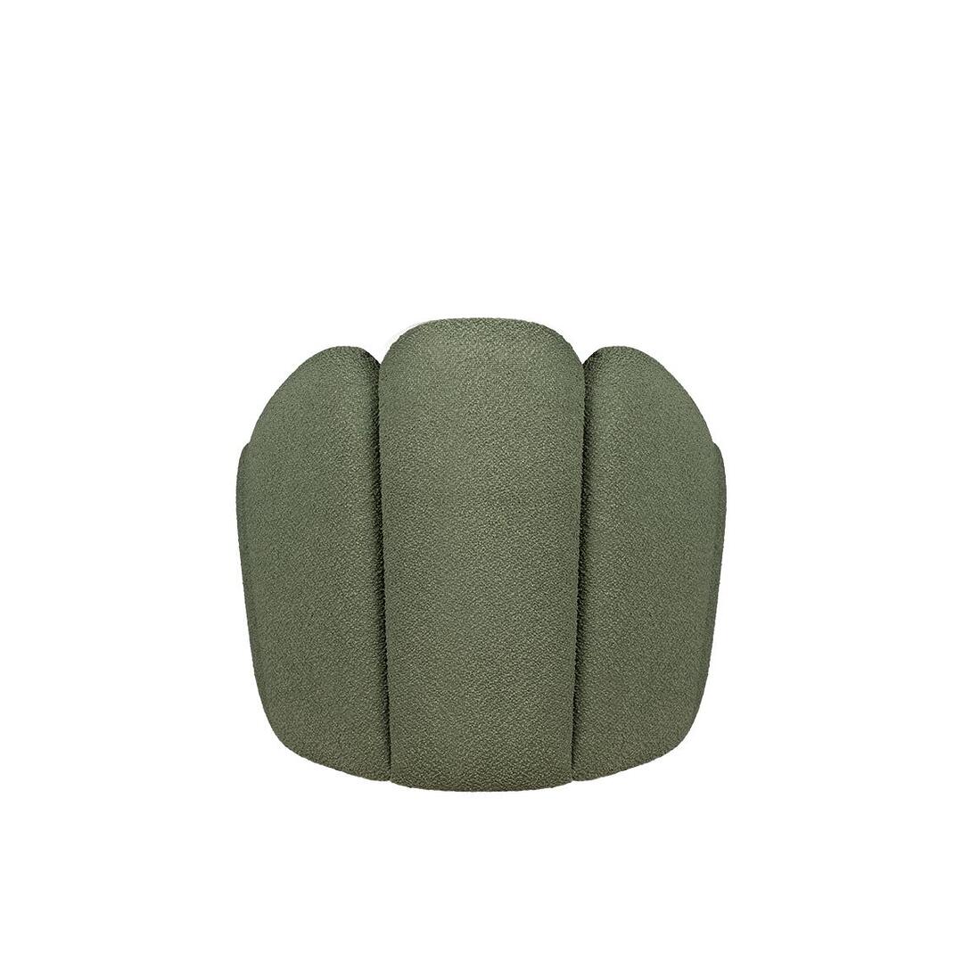 Back view of the Julie Stool upholstered in Kirkby Design Shore Recycled Bouclé fabric, color Pesto K5315/16.