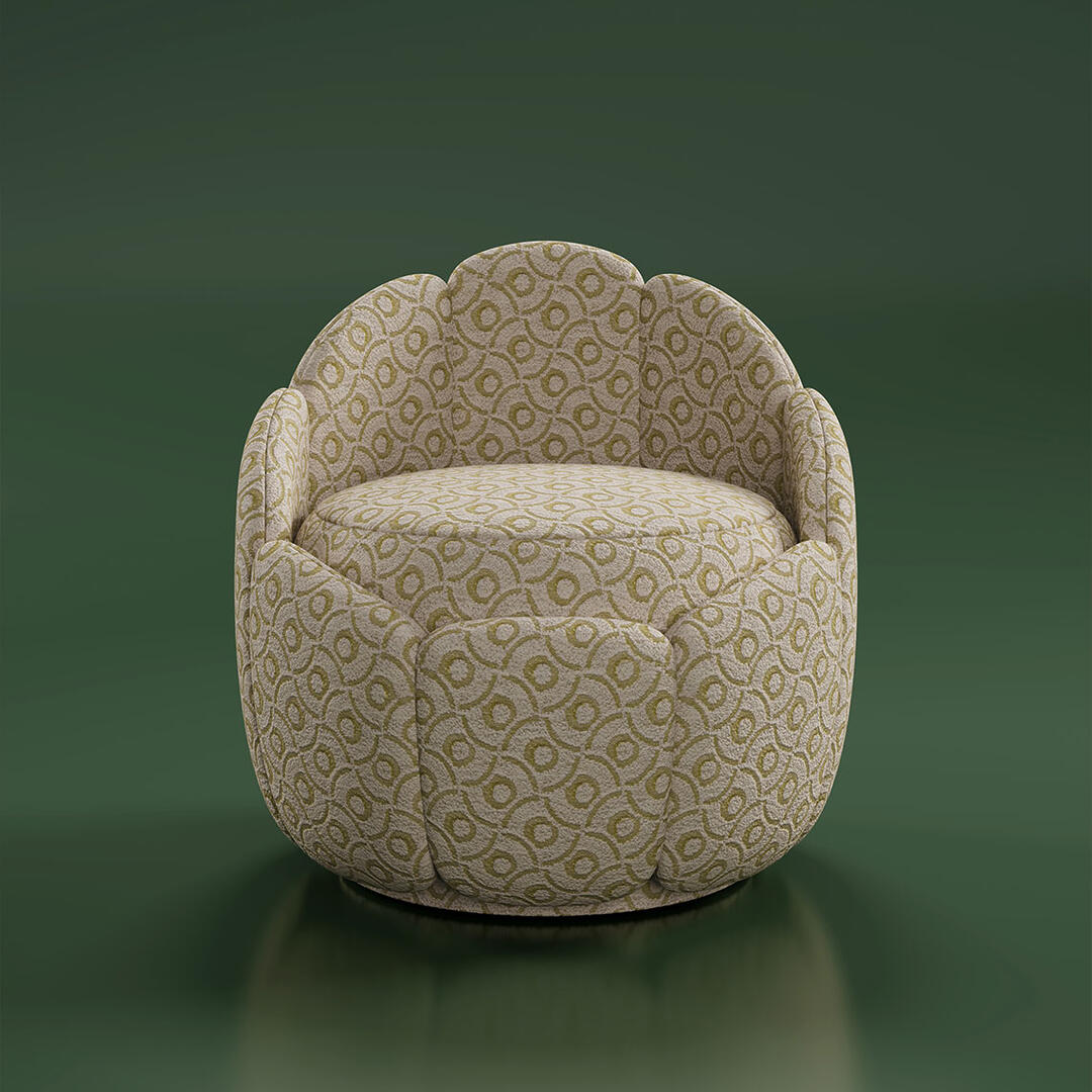 Julie Stool upholstered in Corniche Villa Riviera patterned fabric by Nobilis, featuring green hues.