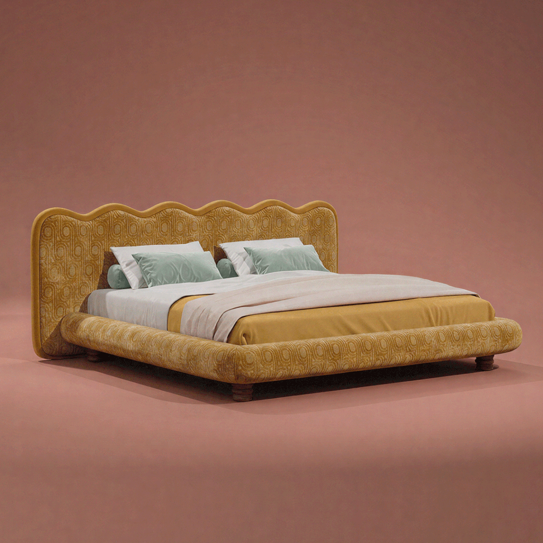 Judy Bed in different finishes and fabrics, Cornice Straw by Kirkby, Indu Faroe by Romo and Ornate by Kirkby.