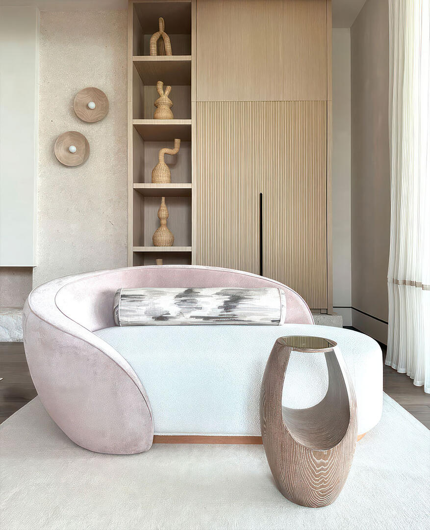 Nancy Chaise Longue in soft pink fabric at Manalapan Ocean front House bedroom.