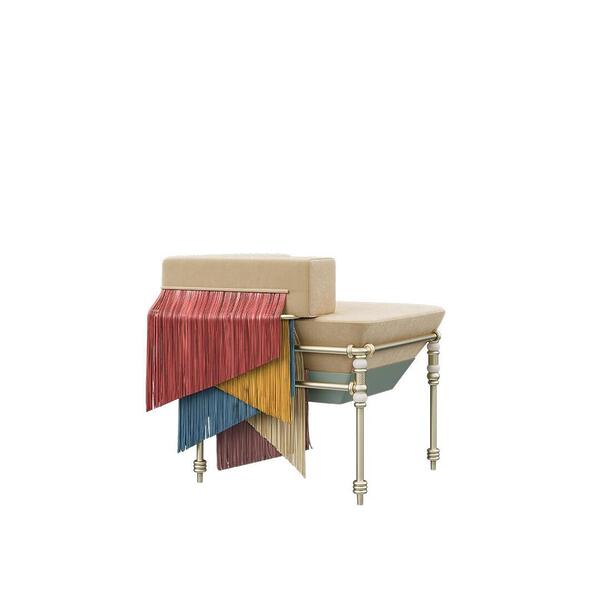Seraphine chair featuring pink, yellow, blue, and purple fringes with cream velvet by Dedar upholstery, lacquered base in Cement Grey, and details in Cream.