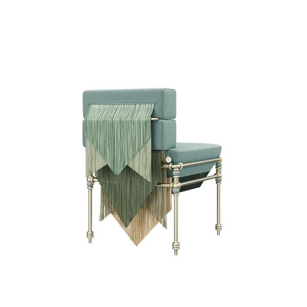 Seraphine dining chair showcasing blue and green-toned fringes paired with blue velvet by Dedar, featuring a steel structure and lacquered details. The piece is positioned to showcase its back at a 45º angle.