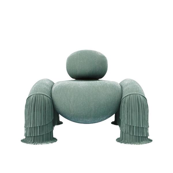 Front view of the Odessa Armchair with the backrest down and fringes, upholstered in Dedar Plushy 147 and Sirgaria Castro Seda 111, paired with aged brass.