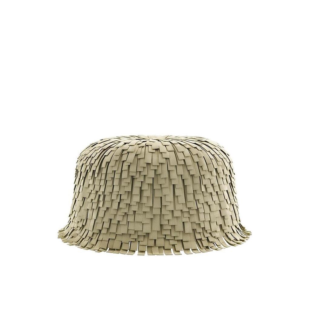 Lyra Ottoman with fringes, upholstered in Kirkby Design Dakota Suede II Soft Lemon.