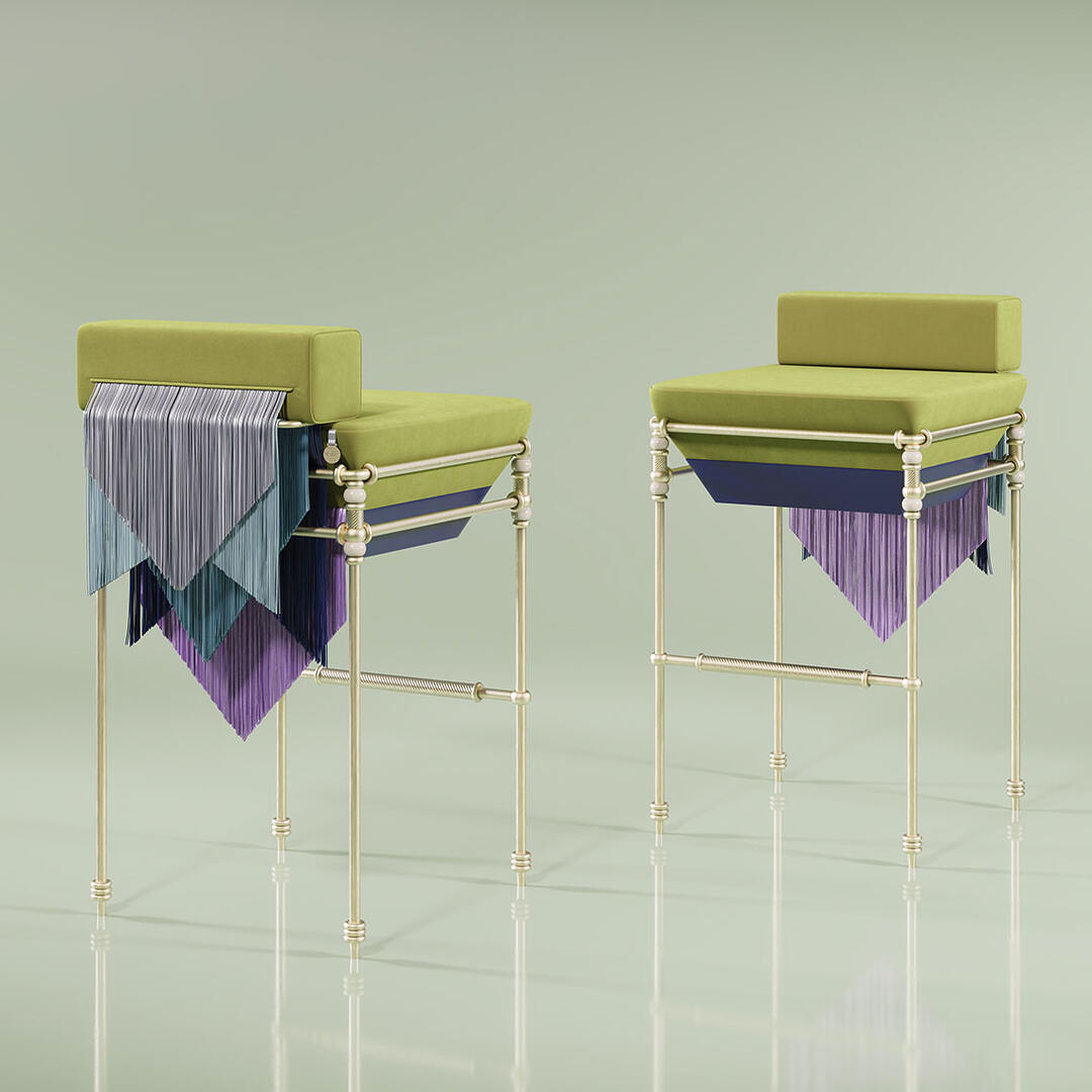 Two Seraphine Bar Chairs with fringes and brass structure