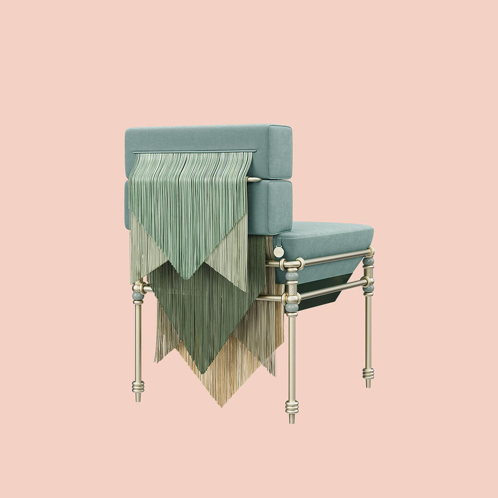 Seraphine dining chair showcasing blue and green-toned fringes paired with blue velvet by Dedar, featuring a steel structure and lacquered details. The piece is positioned to showcase its back at a 45º angle.