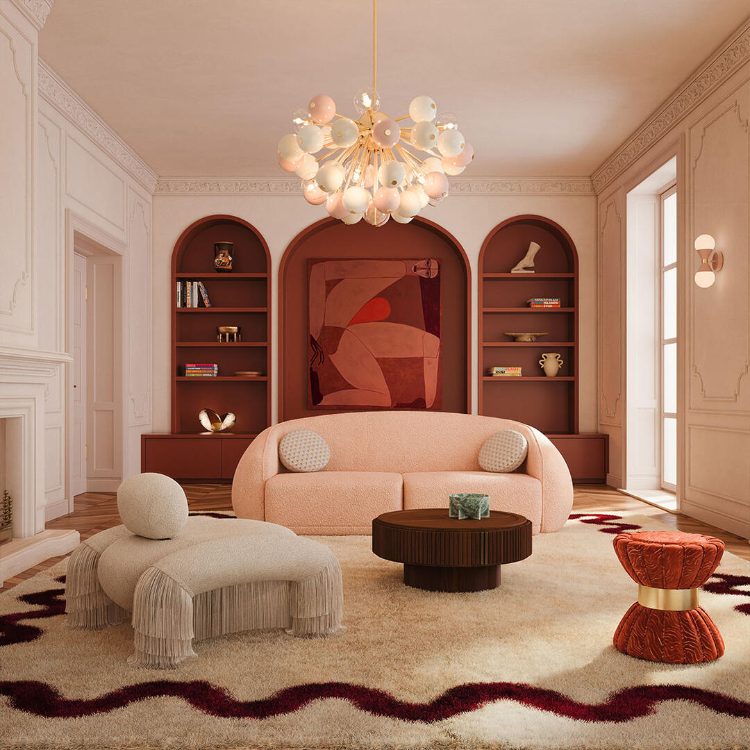 Living room with curves texture, warm earthy tones featuring the Peggy Sofa in soft pink bouclé, Odessa Armchair in beige, Robert center table in smoked walnut wood, Colette stool in orange Casamance fabric, and Berries suspension light.