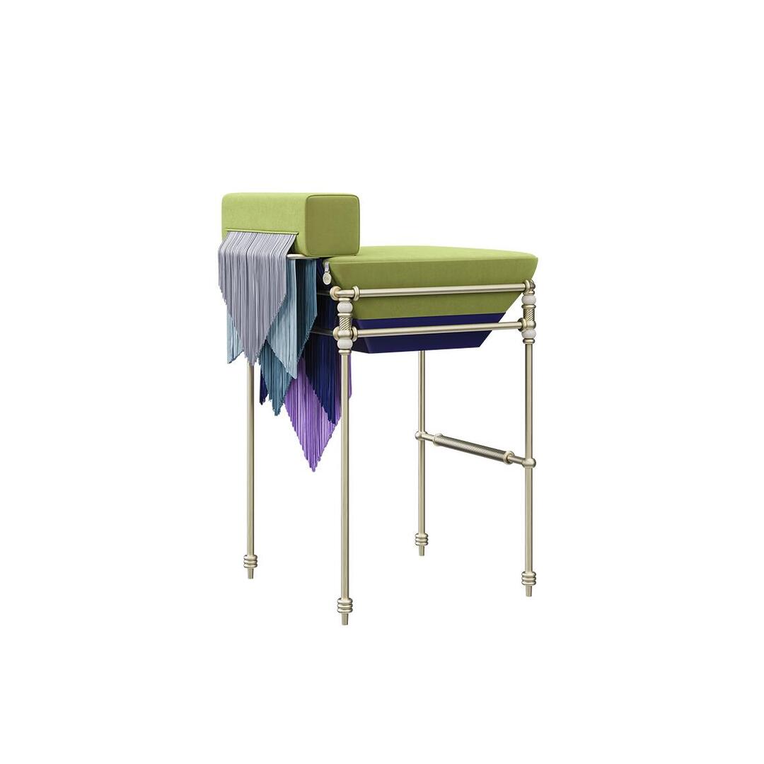 Seraphine bar chair featuring lilac, light blue, gray, ultramarine blue, and turquoise fringes, with lime green velvet by Dedar seats and a brushed gold steel structure,