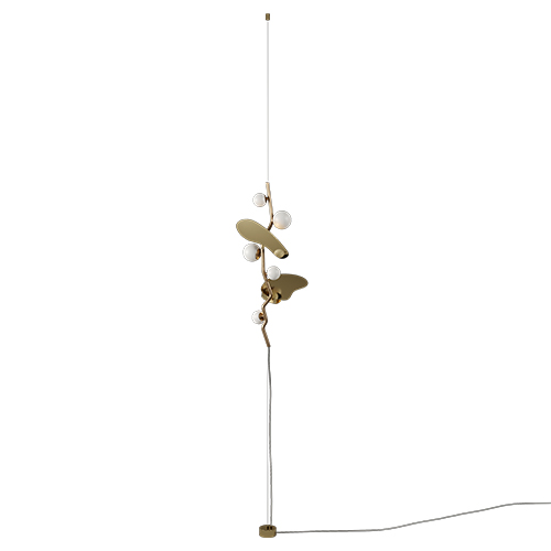 Almond II Pendant Lamp in brass and white glass shades. The Almond II Pendant Lamp is equipped with a counterweight placed on the ground.