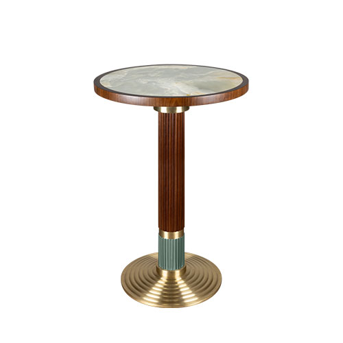 Queens bar table in smoked walnut wood with brushed brass details and a marble tabletop.