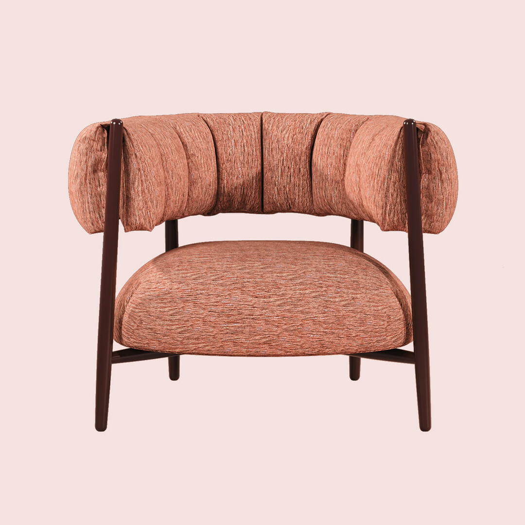 Ellen armchair in pink fabric and smoked walnut wood legs