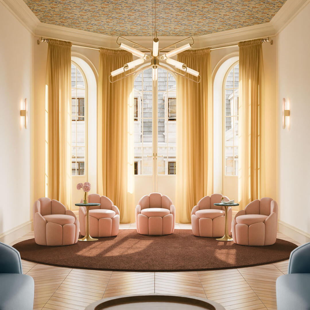 Five Julie Stool arranged in a semicircle in a Parisian-style living room with large windows, yellow curtains, a Miami I Suspension Lamp above, and two Dahlia Wall Lamp on the wall, creating a glamorous mood.