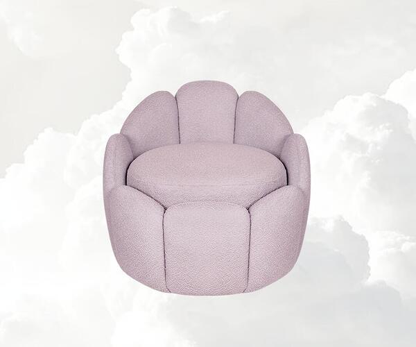 Julie stool upholstered in Pantone Orchid Tint mathing the Cloud Dancer vibe.