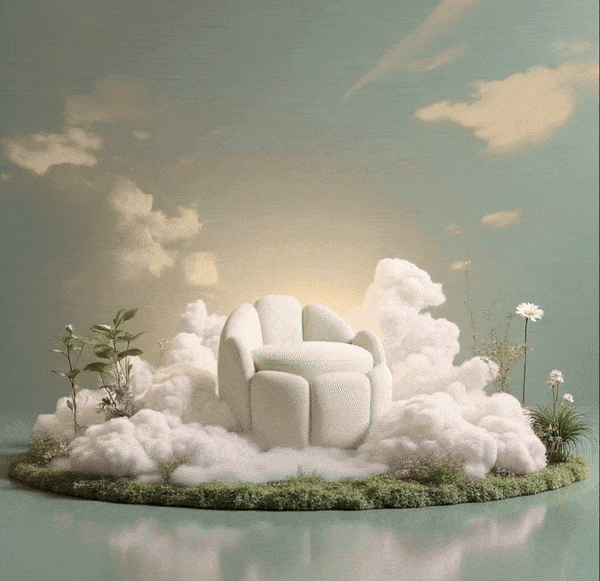 Julie stool rotating in a dreamy, cloud-like nature animation, presented in the Pantone 2026 color Cloud Dancer.